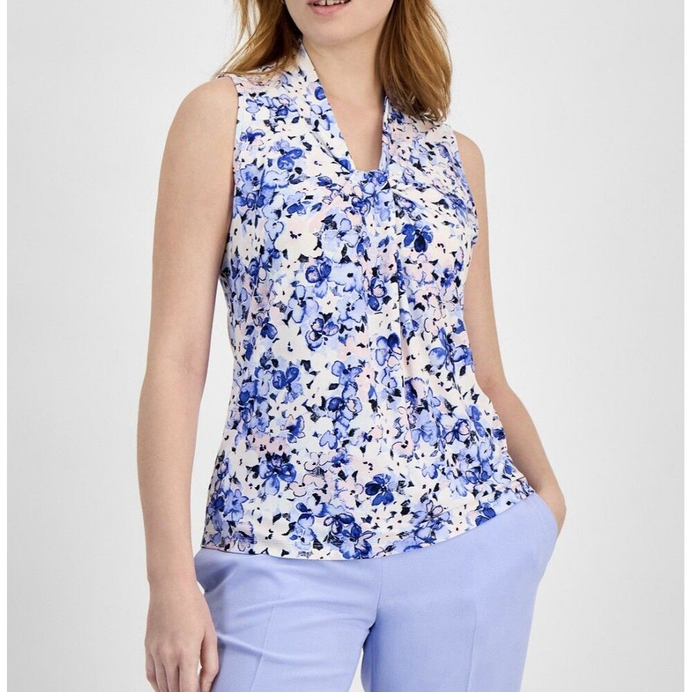 Kasper Women Sleeveless Printed Knot-Front Blouse, Petite Size PS V neck Floral